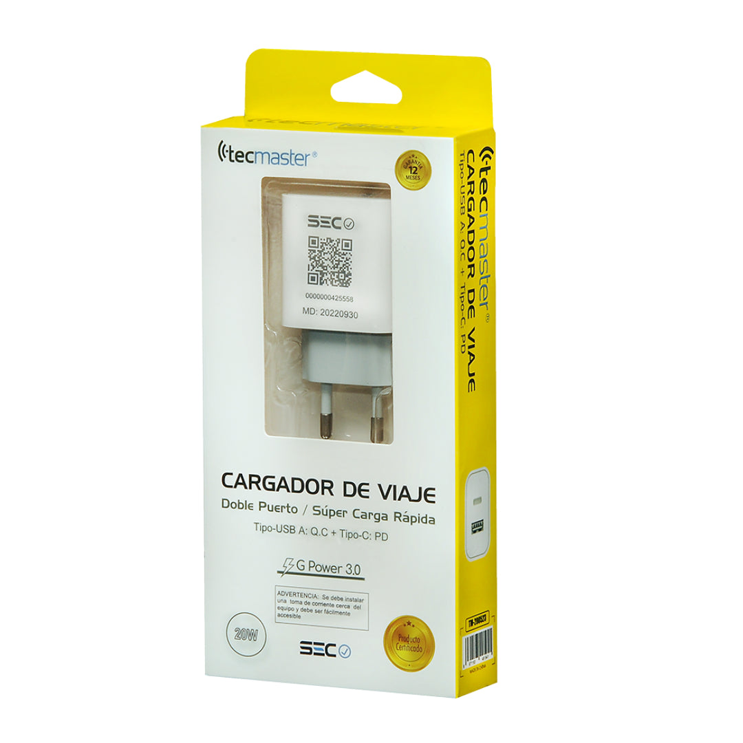 Cargador Auto Premium Doble USB / USB-C PD 20W Tecmaster