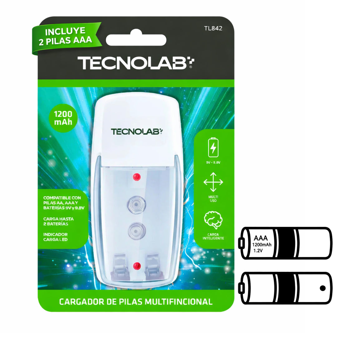 CARGADOR DE PILAS AA/AAA/9V + 2 PILAS AAA TECNOLAB TL842