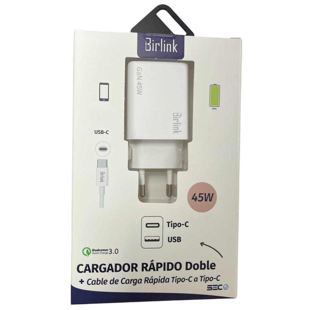 CARGADOR RAPIDO 45W USB/C + CABLE USB-C BIRLINK BR10364