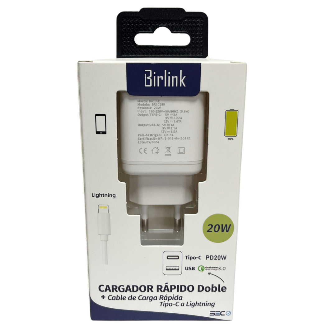 CARGADOR RAPIDO USB/C TIPO C A LIGHTNING BIRLINK BR10357