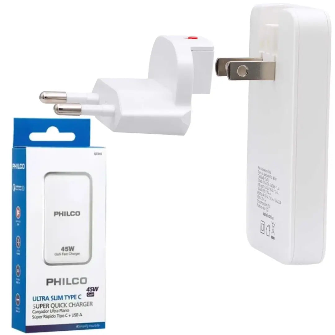 CARGADOR SLIM 45W USB+USB-C + CABLE TIPO C PHILCO QC645