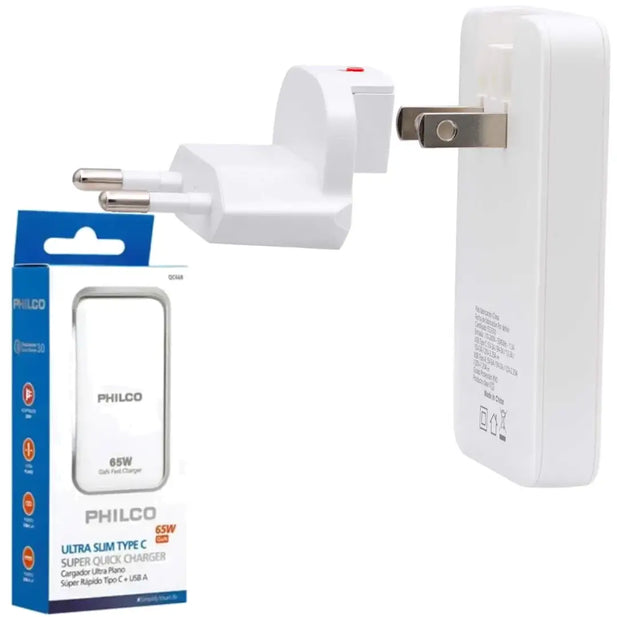 CARGADOR SLIM 65W USB+USB-C + CABLE TIPO C PHILCO QC668