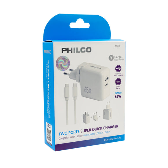 CARGADOR SUPER RAPIDO 65W USB + USB-C PHILCO QC665