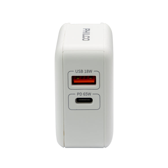 CARGADOR SUPER RAPIDO 65W USB + USB-C PHILCO QC665