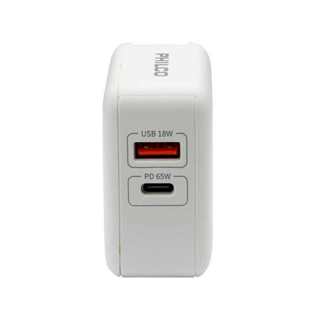 CARGADOR SUPER RAPIDO 65W USB + USB-C PHILCO QC665