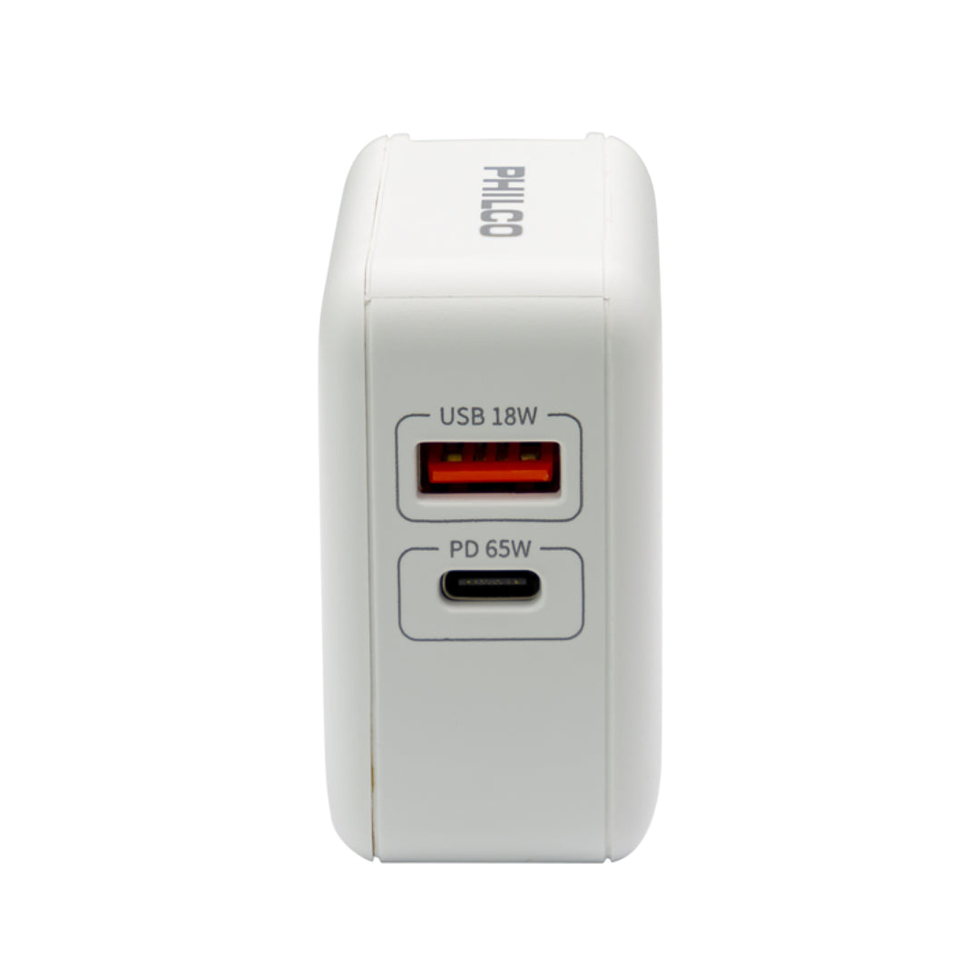 CARGADOR SUPER RAPIDO 65W USB + USB-C PHILCO QC665