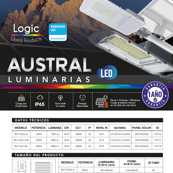 LUMINARIA SOLAR AUSTRAL 2200LM 400W LOGIC BLANCA
