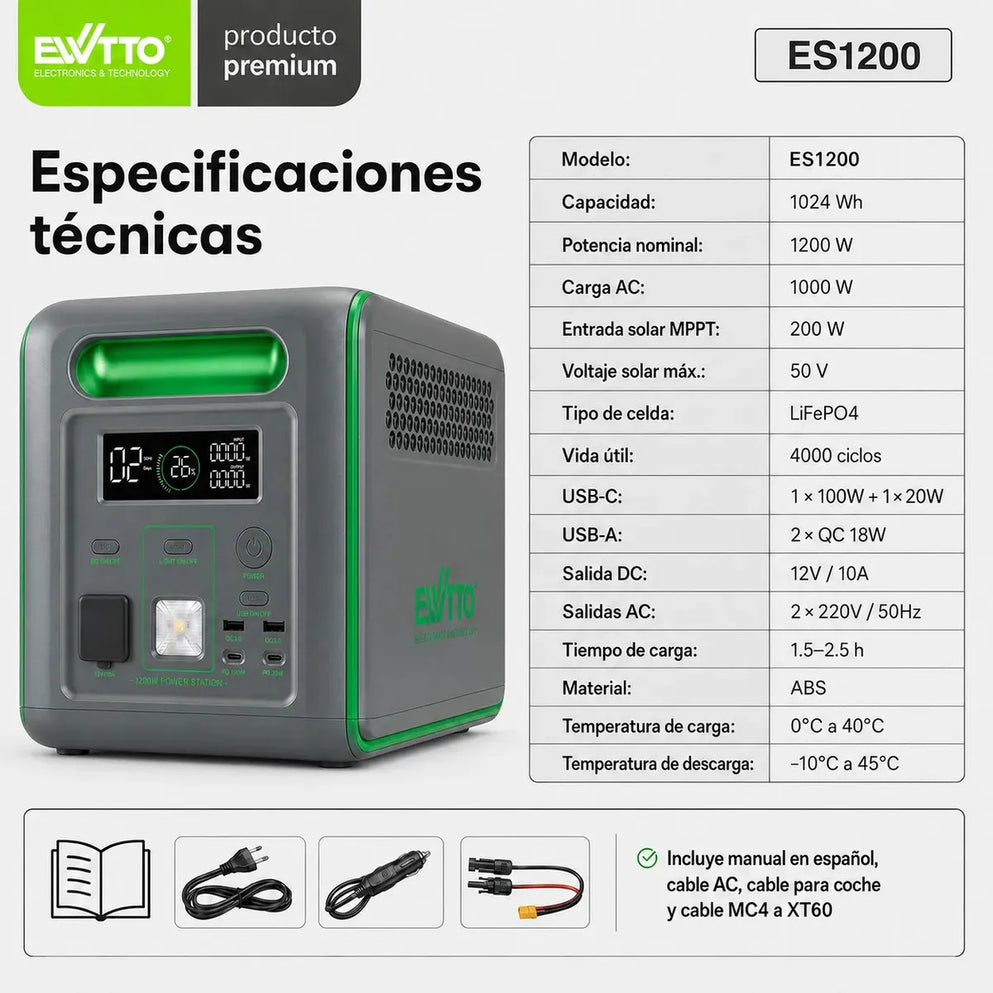 Estación de Energía Portátil Ewtto ES1200 1024Wh 1200W LiFePO4