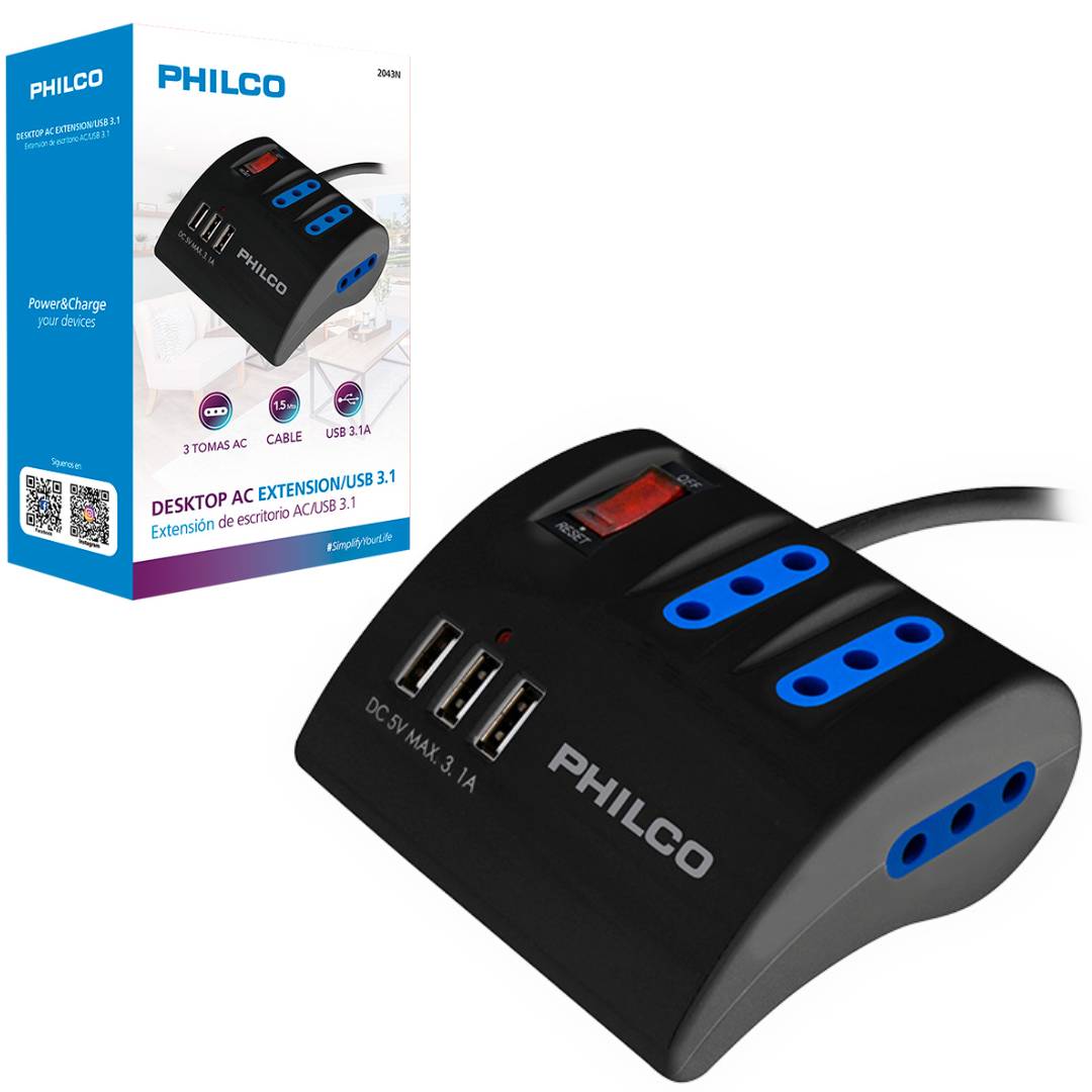 EXTENSION DE CORRIENTE 1.5M 3POS + X3 USB PHILCO 2043N