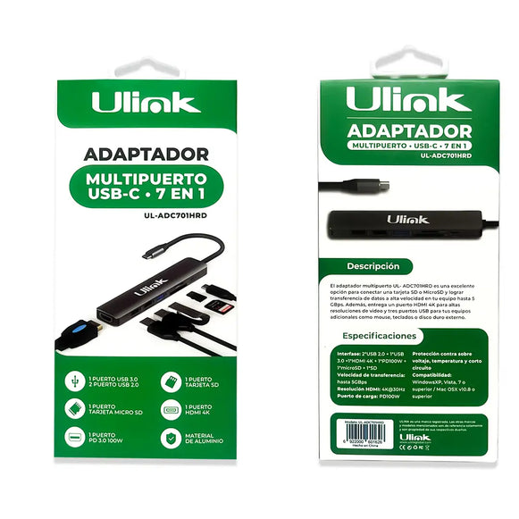 HUB ADAPTADOR MULTIPUERTO 7 EN 1 ULINK UL-ADC701HRD
