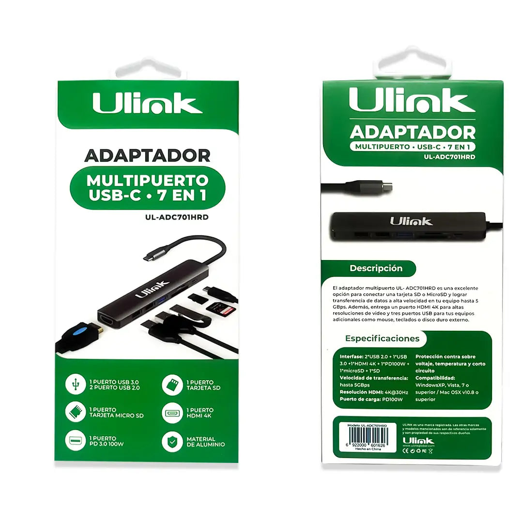 HUB ADAPTADOR MULTIPUERTO 7 EN 1 ULINK UL-ADC701HRD