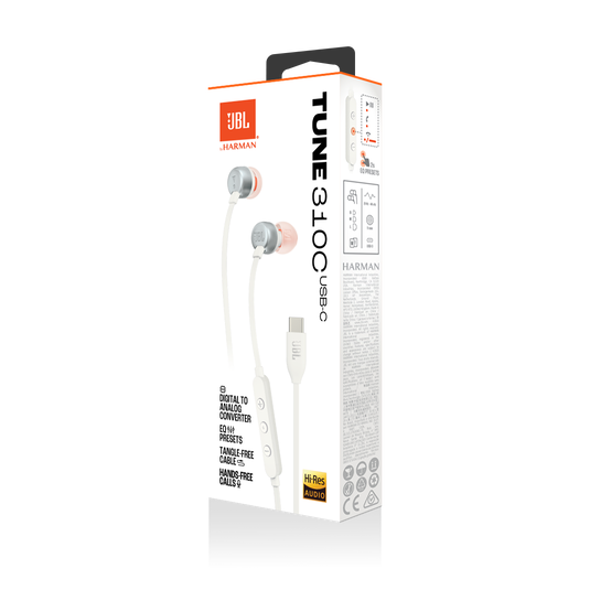 Audífonos JBL Tune 310C USB-C In-Ear Pure Bass Hi-Res Micrófono Integrado Blanco