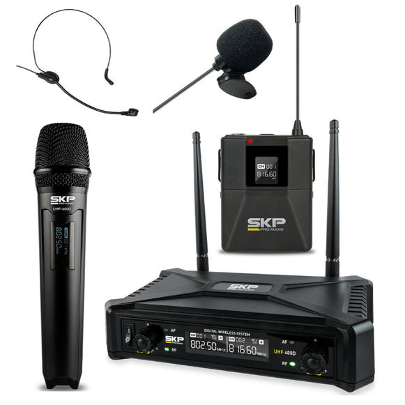 KIT MICROFONOS UHF MANO LAVALIER Y CINTILLO 400D SKP