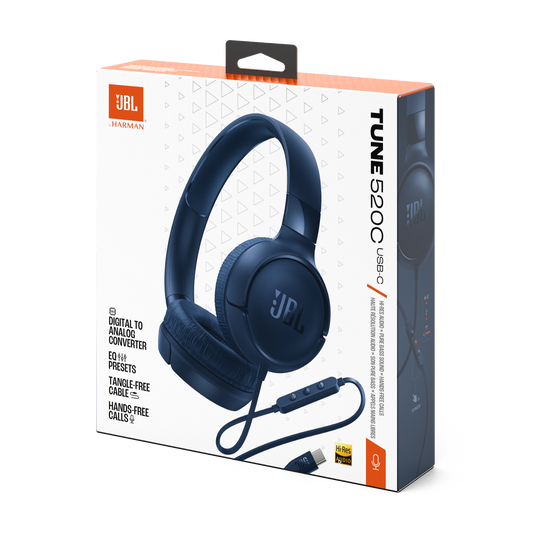 Audífonos JBL Tune 520C USB-C Azul On-Ear Con Cable Hi-Res 10-40kHz Pure Bass