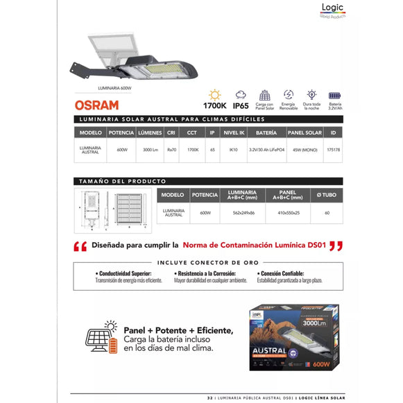 LUMINARIA SOLAR AUSTRAL 3000LM 600W LOGIC CALIDA