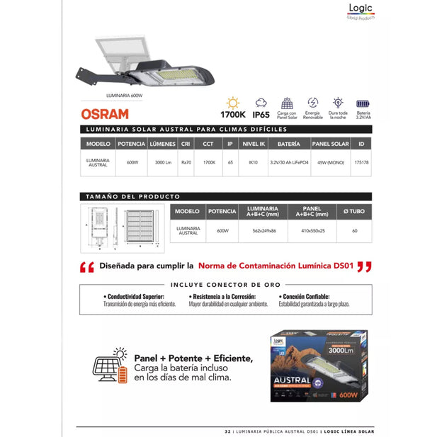 LUMINARIA SOLAR AUSTRAL 3000LM 600W LOGIC CALIDA 175256