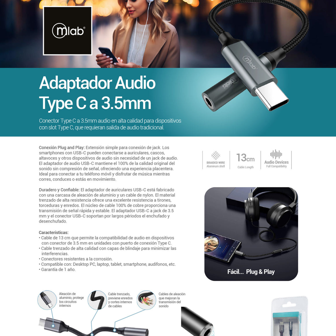 ADAPTADOR TIPO C A MINI PLUG H MLAB 9351