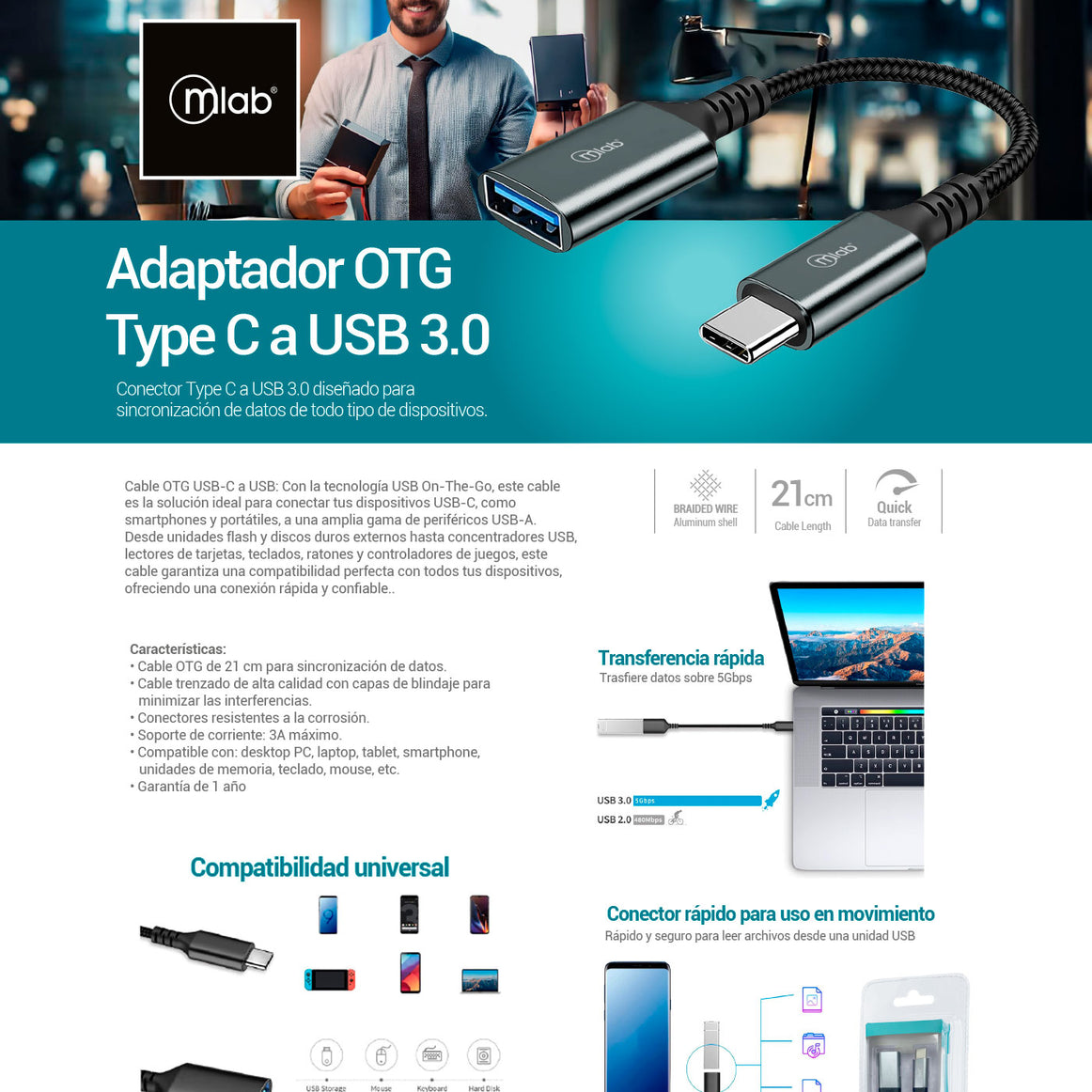 ADAPTADOR TIPO C A USB H MLAB 9352