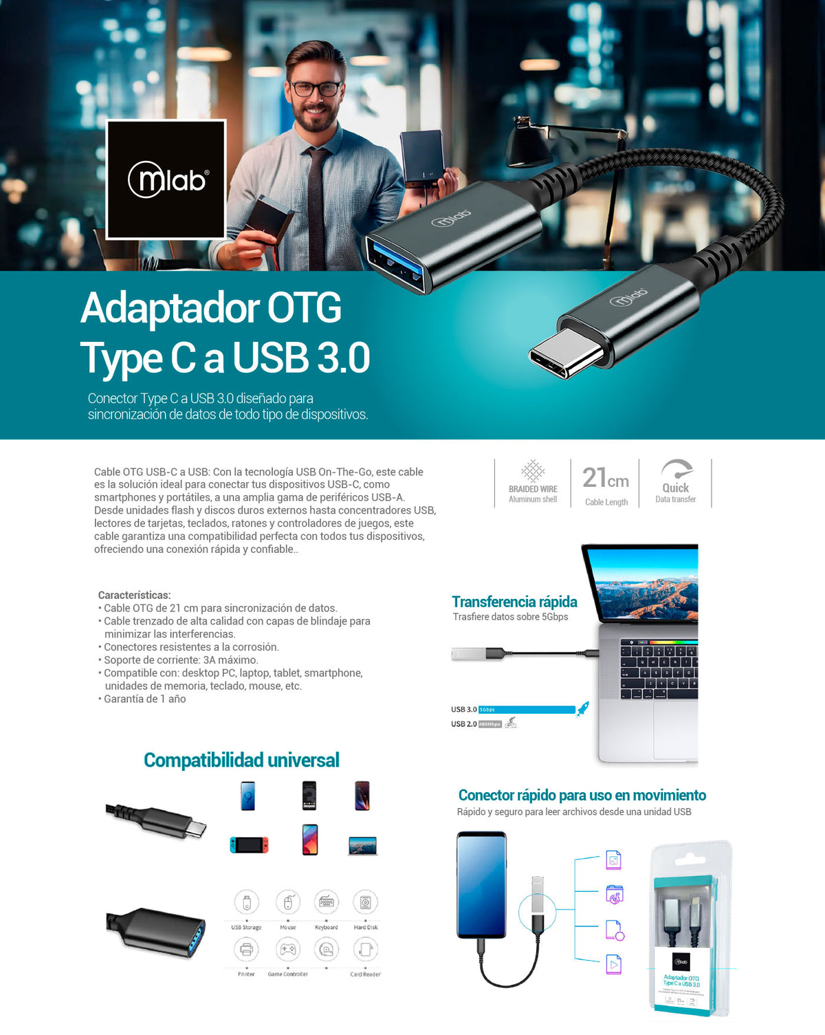 ADAPTADOR TIPO C A USB H MLAB 9352