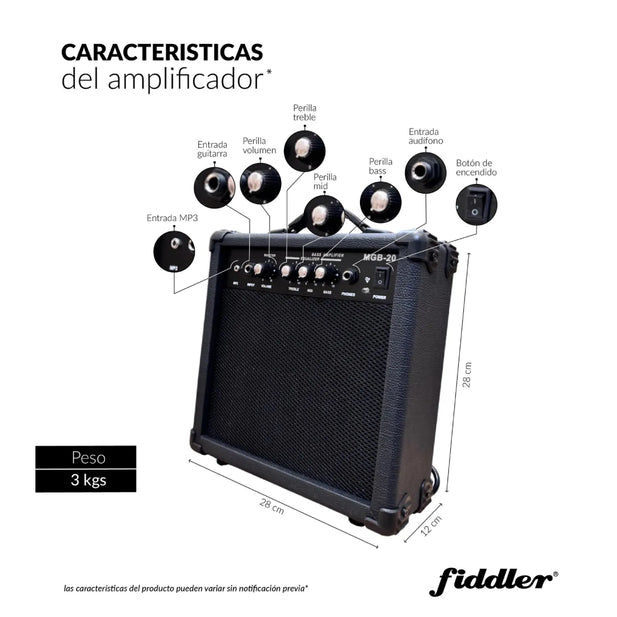 PACK Bajo Eléctrico Azul Fiddler + Amplificador 20W FD-TPE4200B