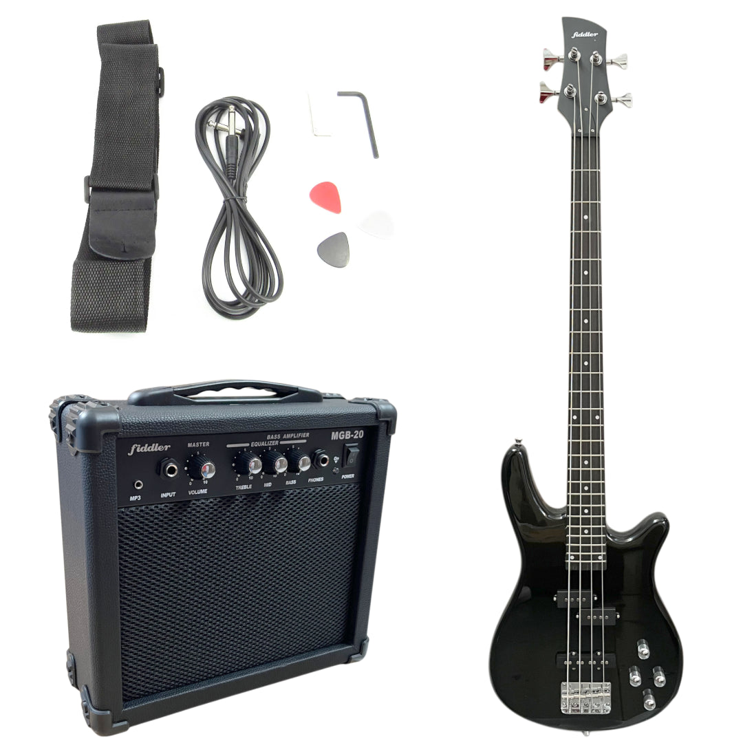 PACK Bajo Eléctrico Negro Fiddler + Amplificador 20W FD-CBA06B