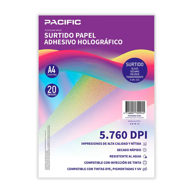 PAPEL ADHESIVO HOLOGRÁFICO A4 20UN PACIFIC MIX20