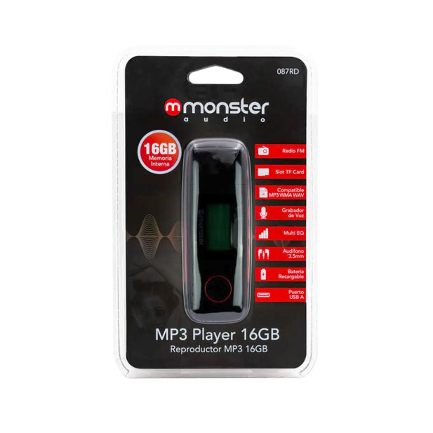 Reproductor MP3 Monster 087RD Rojo 16GB Radio FM MicroSD 64GB Grabador de Voz