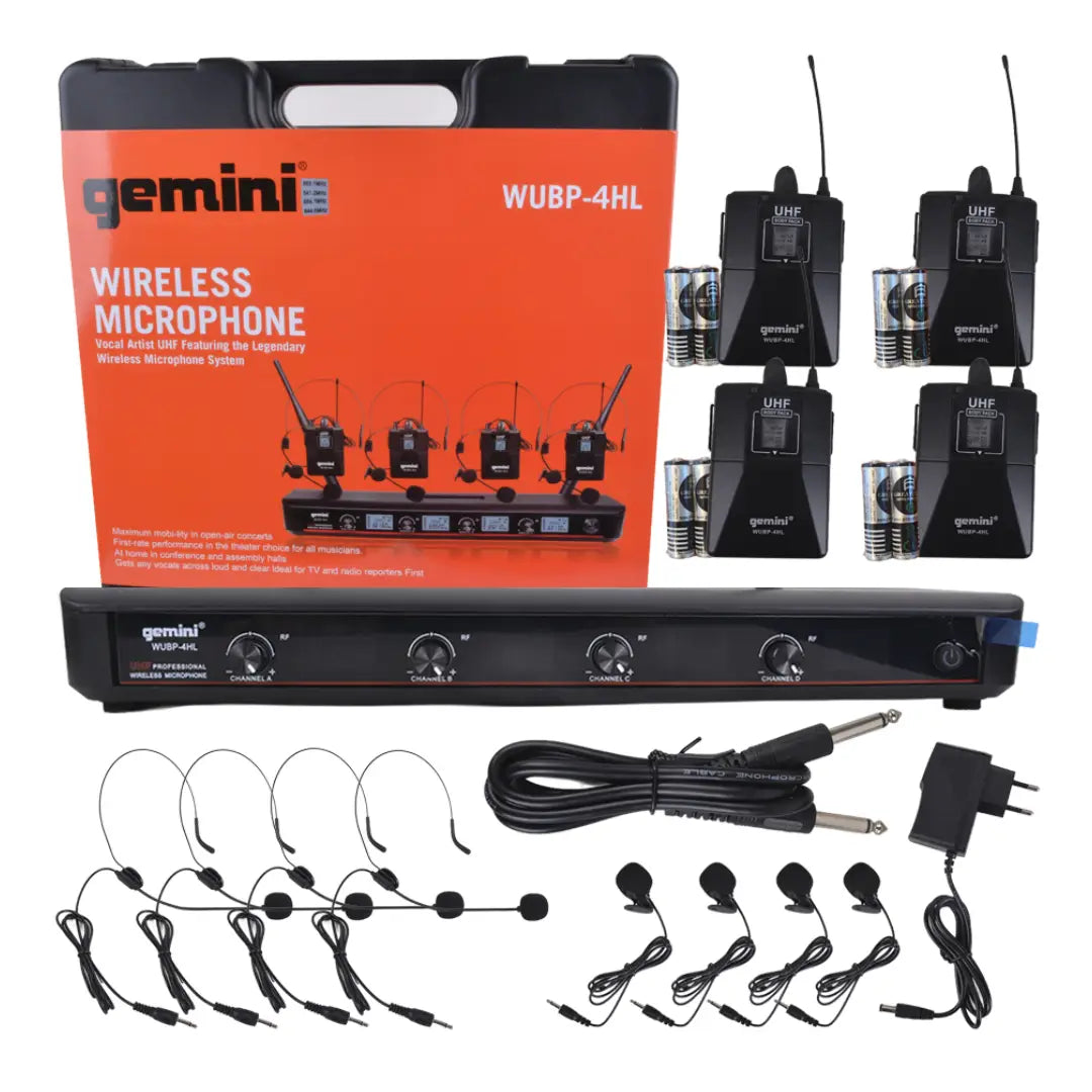 SET DE 4 MICROFONOS CINTILLO INALAMBRICO UHF WUBP-4HL GEMINI