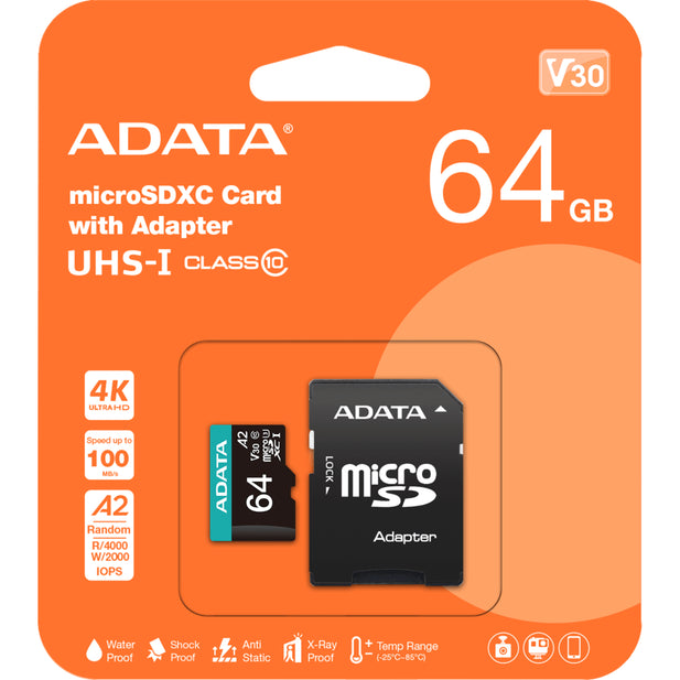 Tarjeta microSDXC ADATA 64 GB UHS-I U3 V30 A2 con adaptador SD