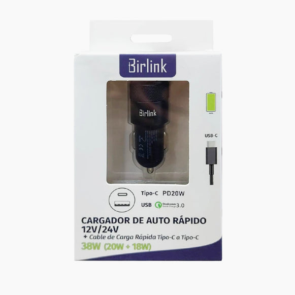 CARGADOR DE AUTO USB/C + CABLE TIPO C BIRLINK BR10358