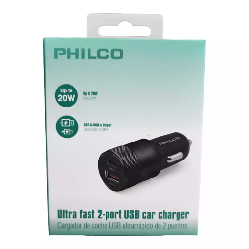 CARGADOR AUTO 20W TIPO C Y USB FLP2552B PHILCO