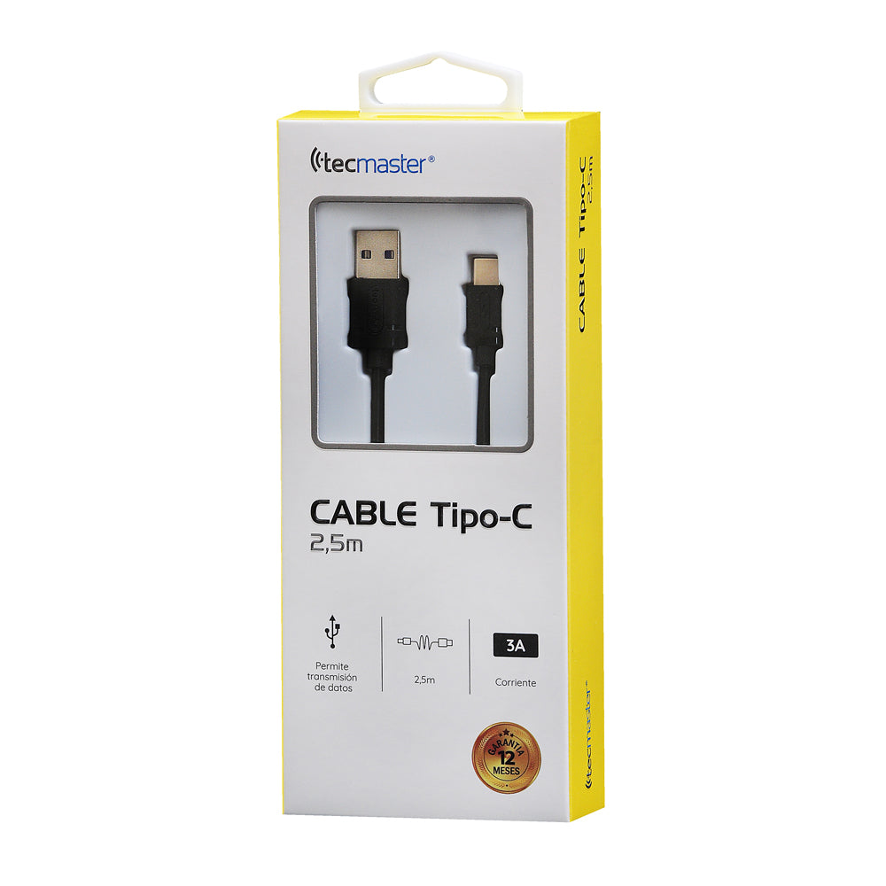 Cable  TIPO-C a Usb de carga Tecmaster 2,5 mts TM-200518 Negro