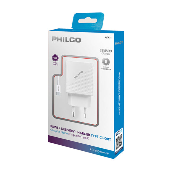 Cargador 18W PD + Cable Tipo C PHILCO QC621
