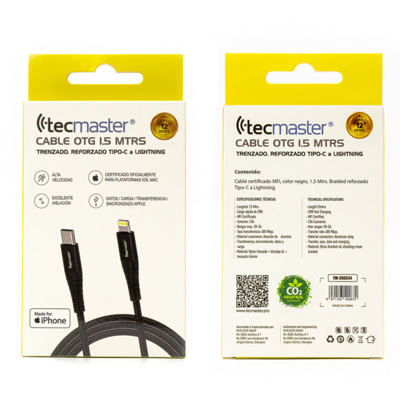 CABLE TIPO-C A LIGHTNING 1.5MTS TECMASTER TM-200534